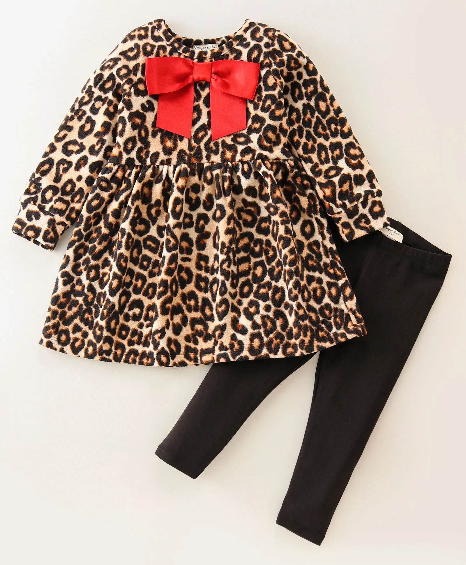 Animal Print Polar Fleece Dress Cotton Leggings Set