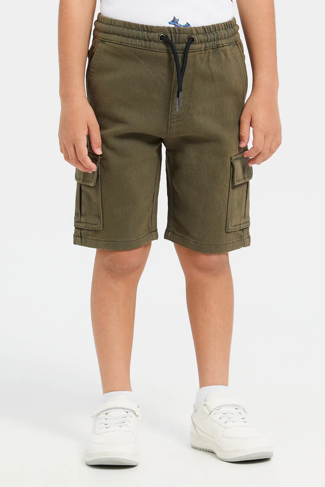 Boys Olive Denim Shorts With Cargo Pocket