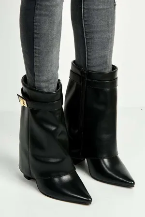 Caiora Block Heel Pointy Toe Gold Trim Buckle Collar Covered Ankle Boots in Black