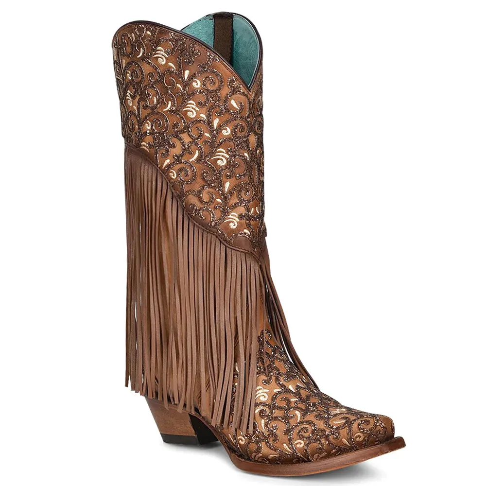 Caracas Fringe Glitter Tooled Inlay Snip Toe Cowboy Boots