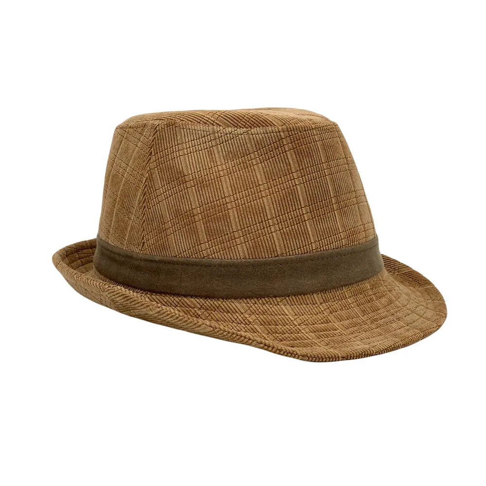 Check Pattern Corduroy Fedora Hat Classic Trilby Short Brim LD61541