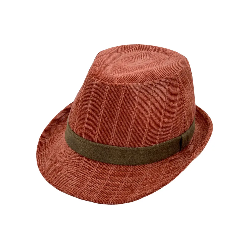 Check Pattern Corduroy Fedora Hat Classic Trilby Short Brim LD61541