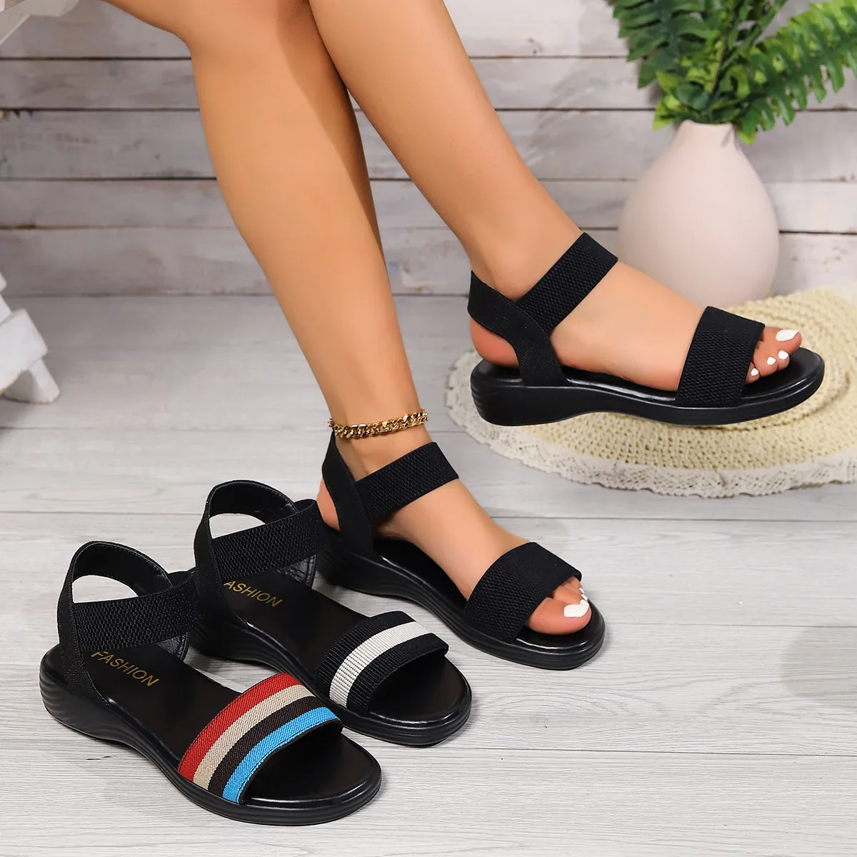 Color-block Elastic Fish Mouth Flat Summer Sandals