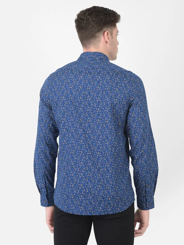 Cotton Blue Slim Fit Printed Casual Shirt