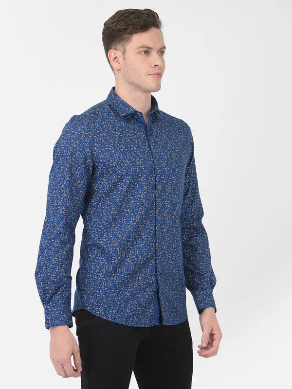 Cotton Blue Slim Fit Printed Casual Shirt