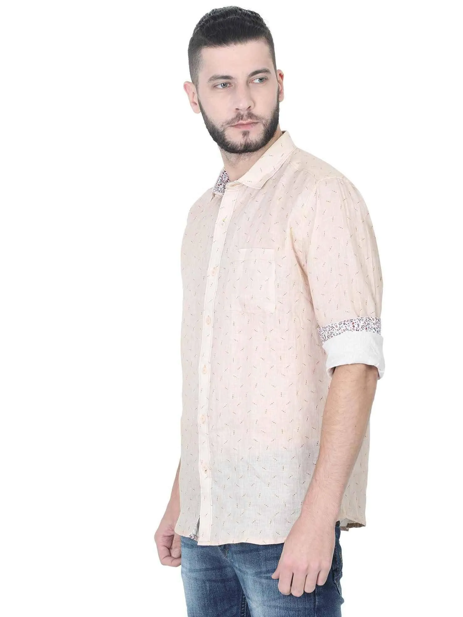 Cream Linen Printed Casual Shirt