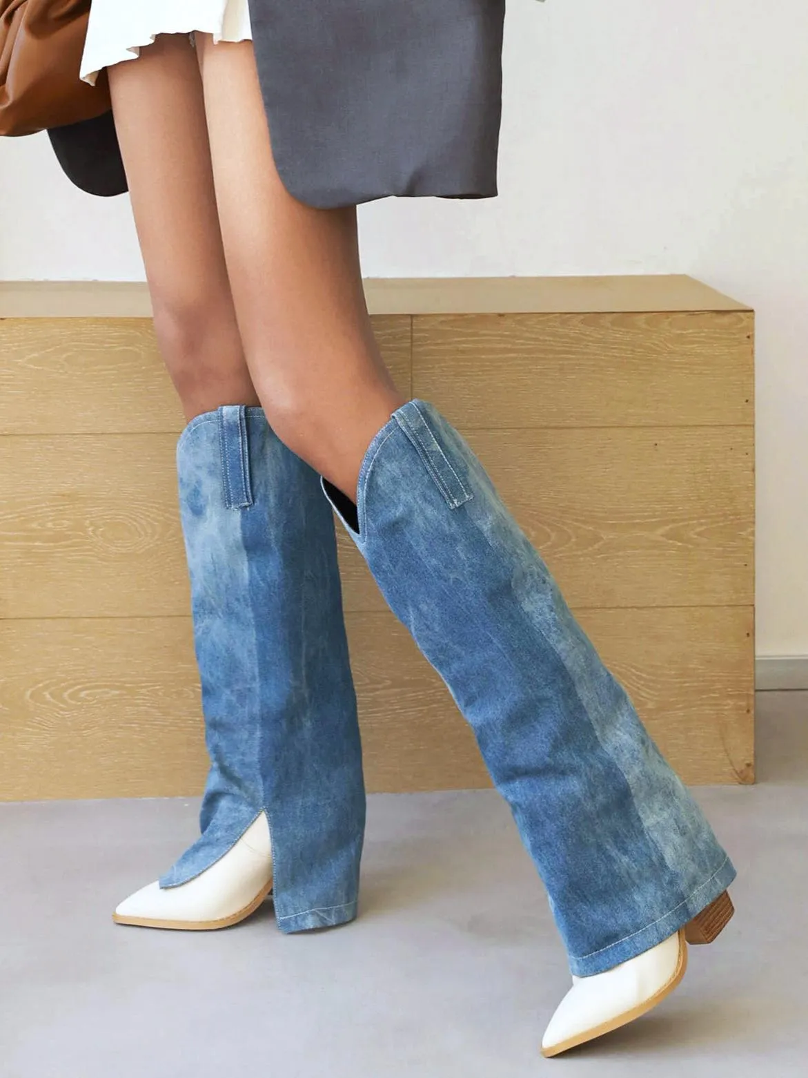 Denim pointed toe super high heel high knee boots