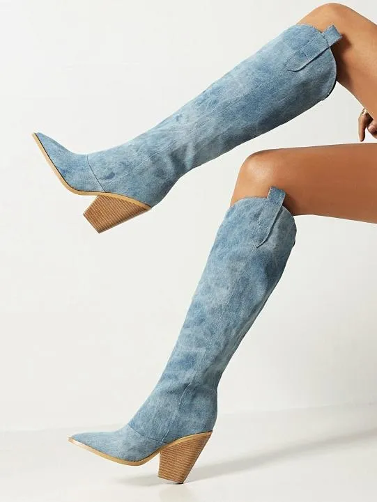 Denim pointed toe super high heel high knee boots