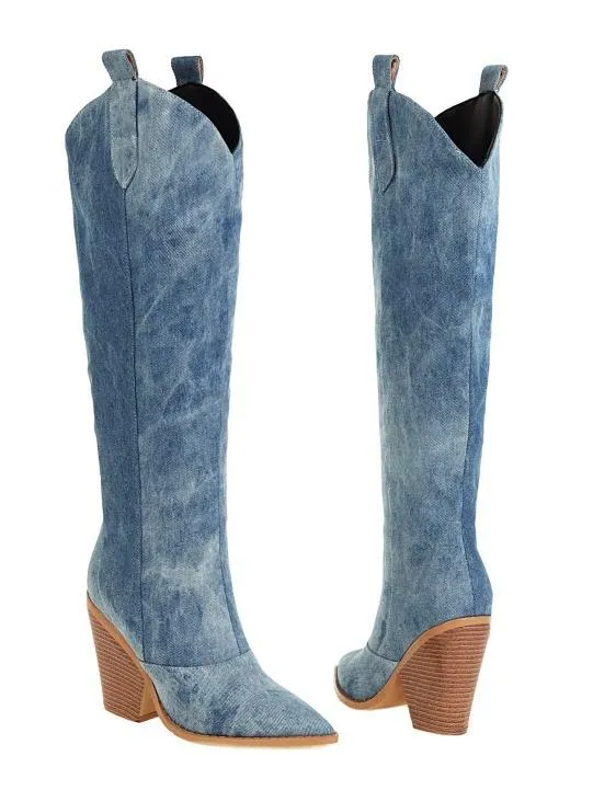 Denim pointed toe super high heel high knee boots