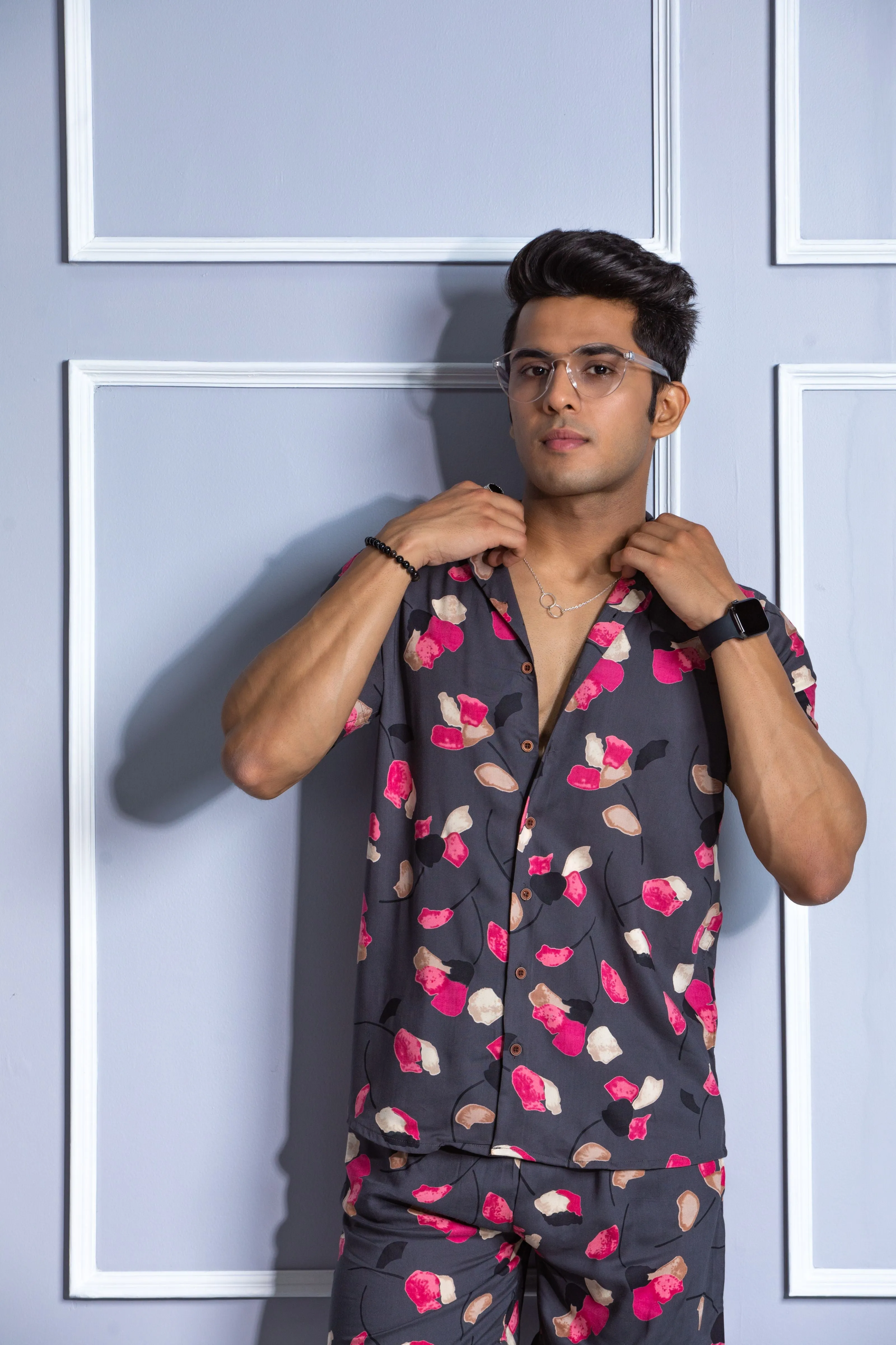 Firangi Yarn Printed Cuban Collar Grey Floral Summer Lounge and Beach Co-ord Set For Men