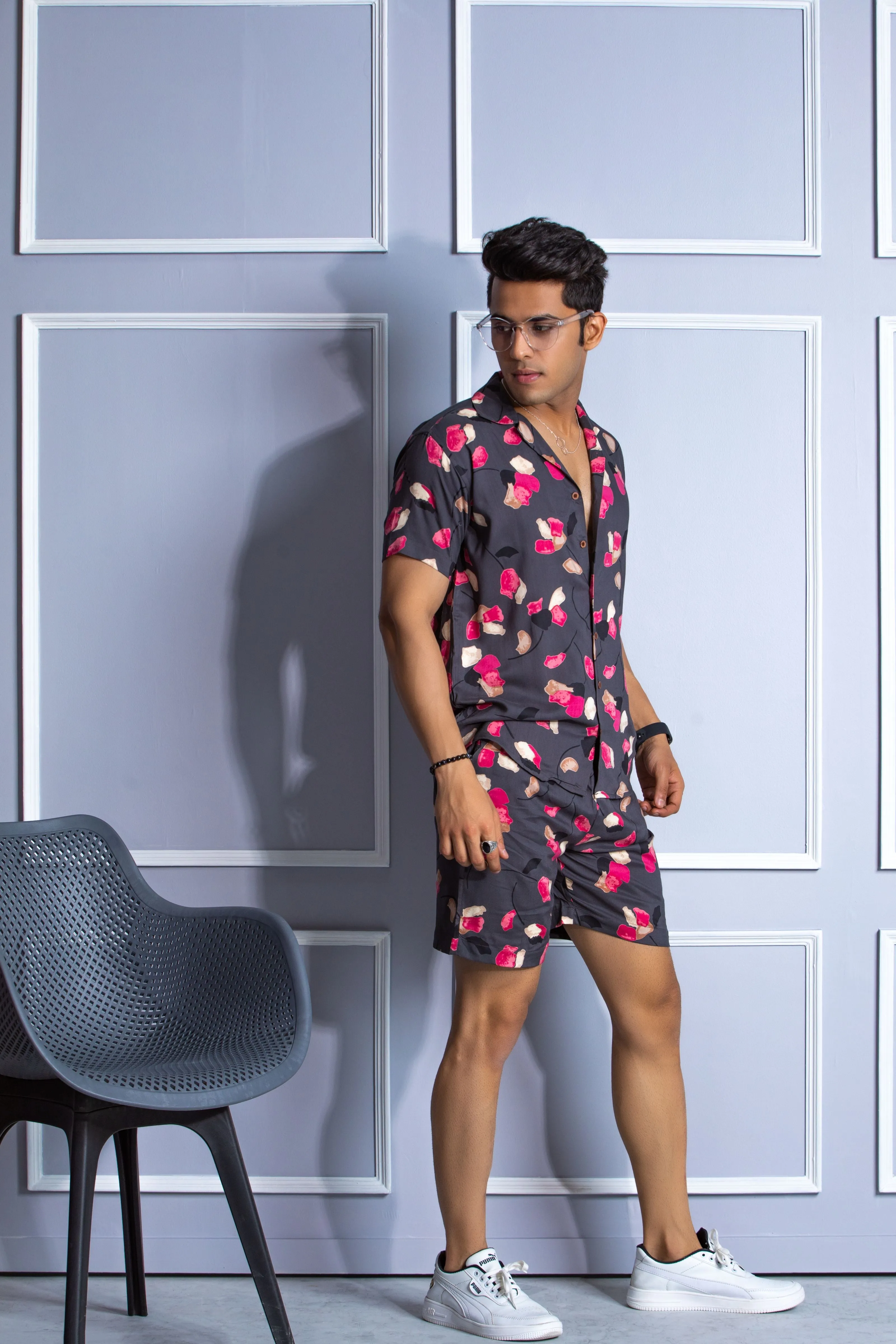 Firangi Yarn Printed Cuban Collar Grey Floral Summer Lounge and Beach Co-ord Set For Men