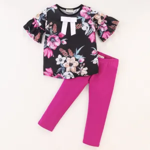 Floral Frilled Sleeves Top Leggings Set