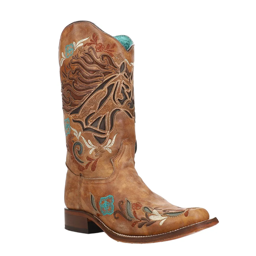 Floral Inlay Embroidered Iridescent Square Toe Cowboy Boots.