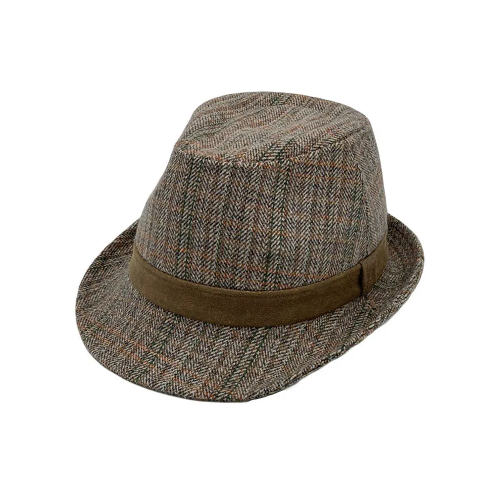 Herringbone Check Pattern Fedora Hat Wool Classic Trilby Short Brim LD61540