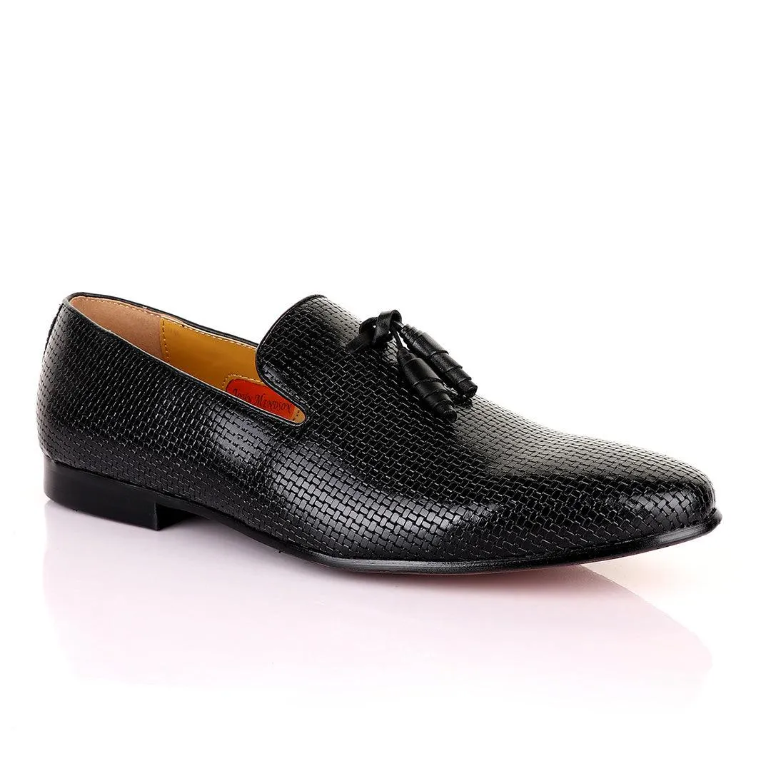 John Mendson Woven Knitted Black Leather Tassel Loafers