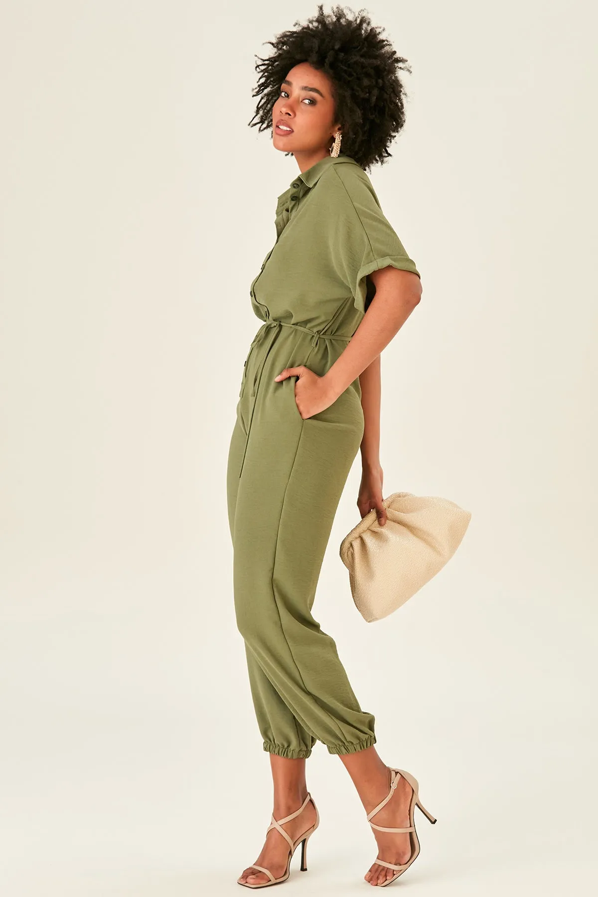 Khaki Belted Shirt Jumpsuit