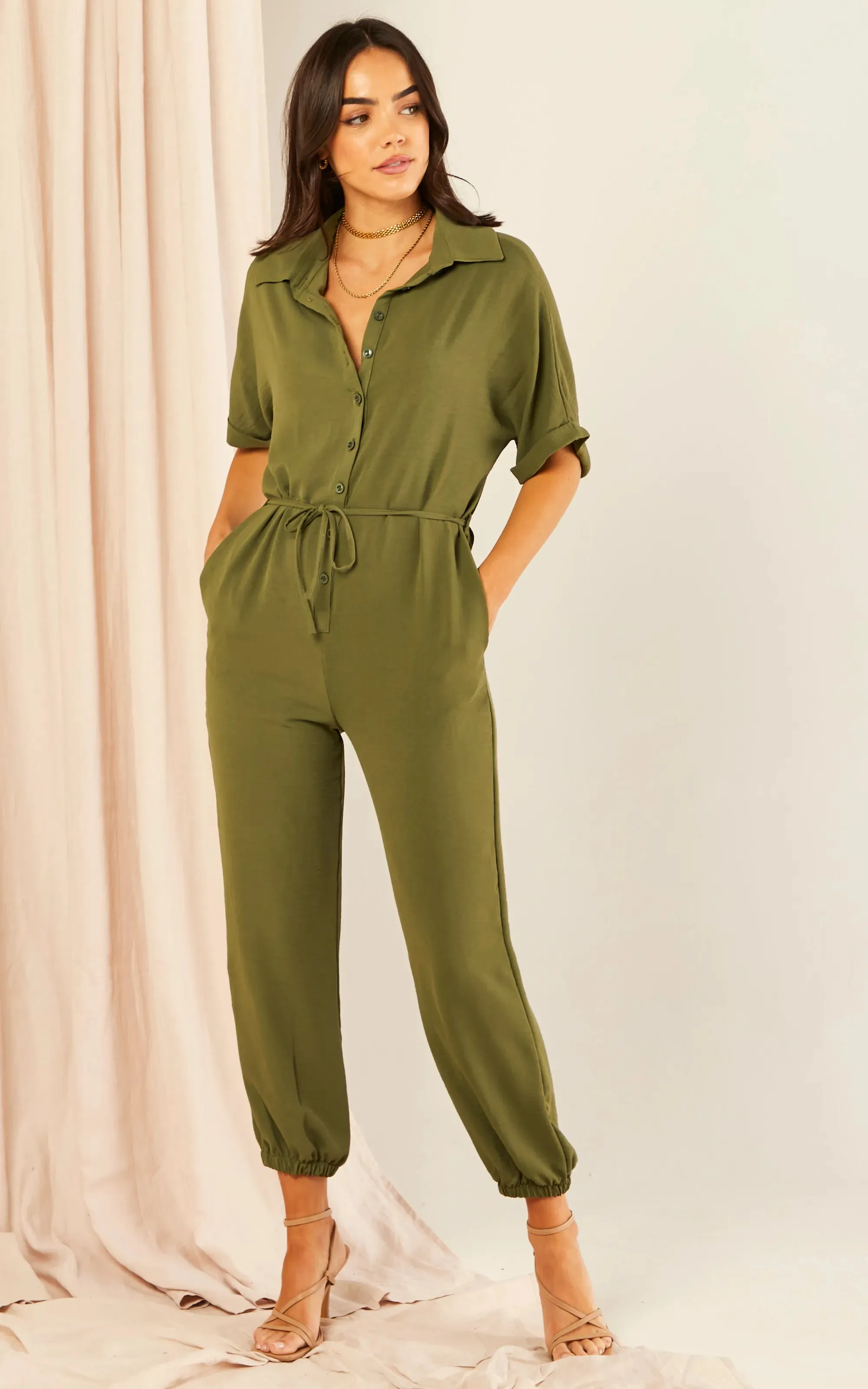 Khaki Belted Shirt Jumpsuit