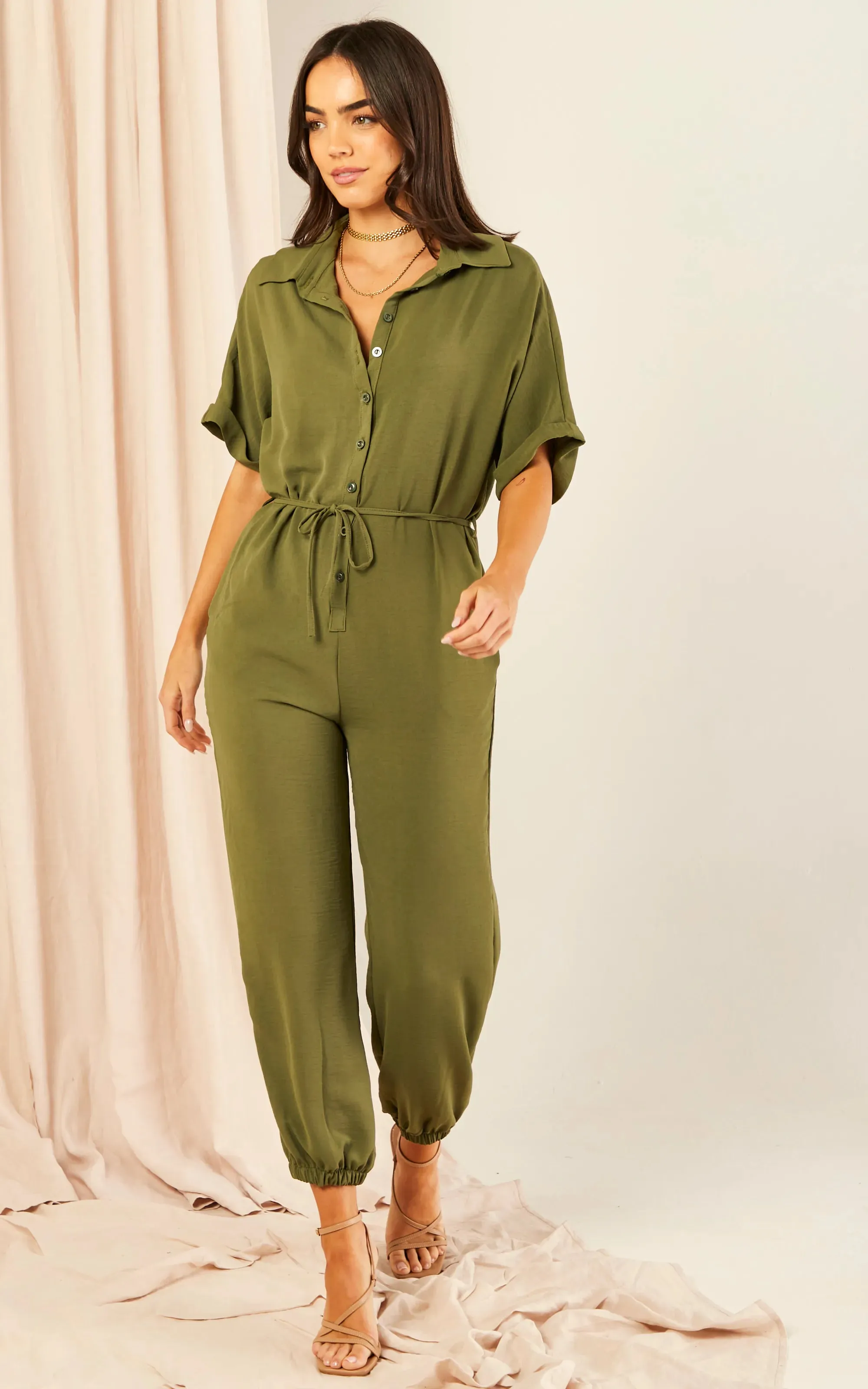 Khaki Belted Shirt Jumpsuit