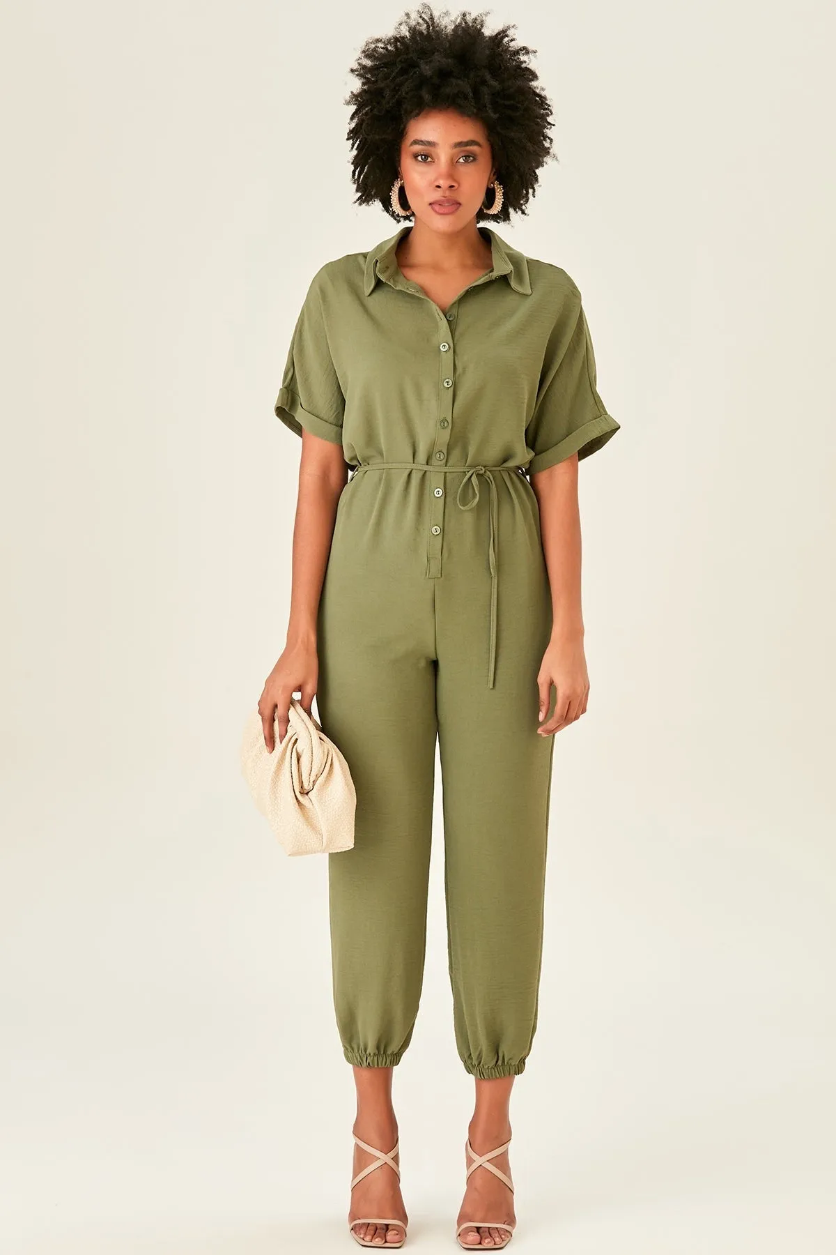 Khaki Belted Shirt Jumpsuit