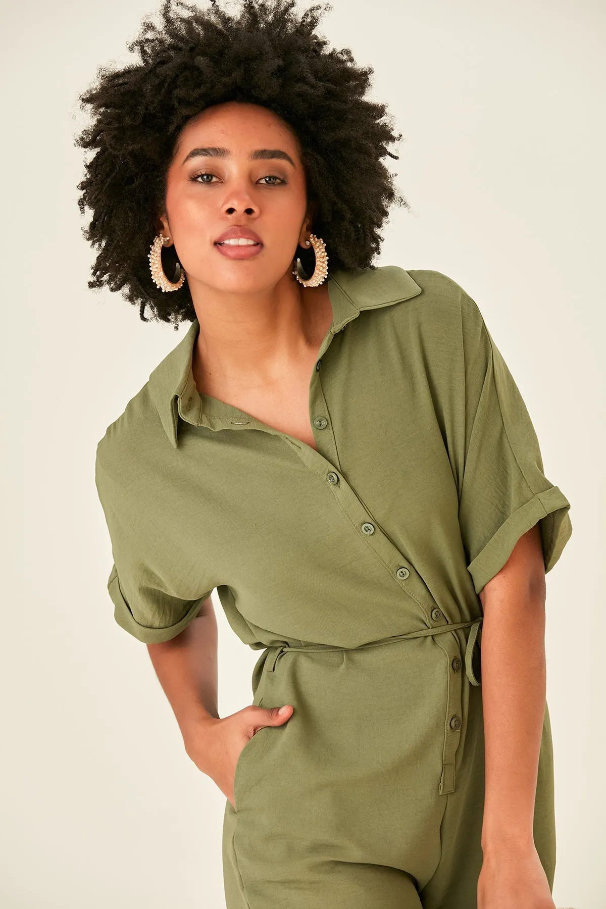 Khaki Belted Shirt Jumpsuit