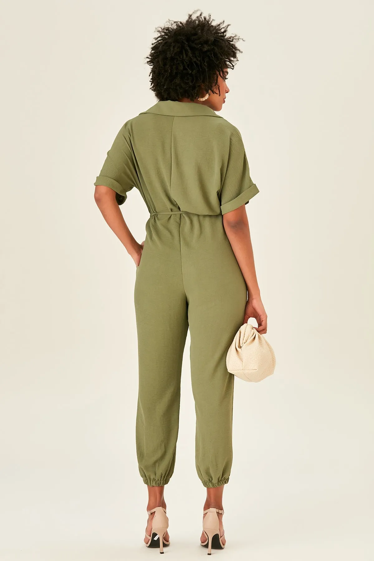 Khaki Belted Shirt Jumpsuit