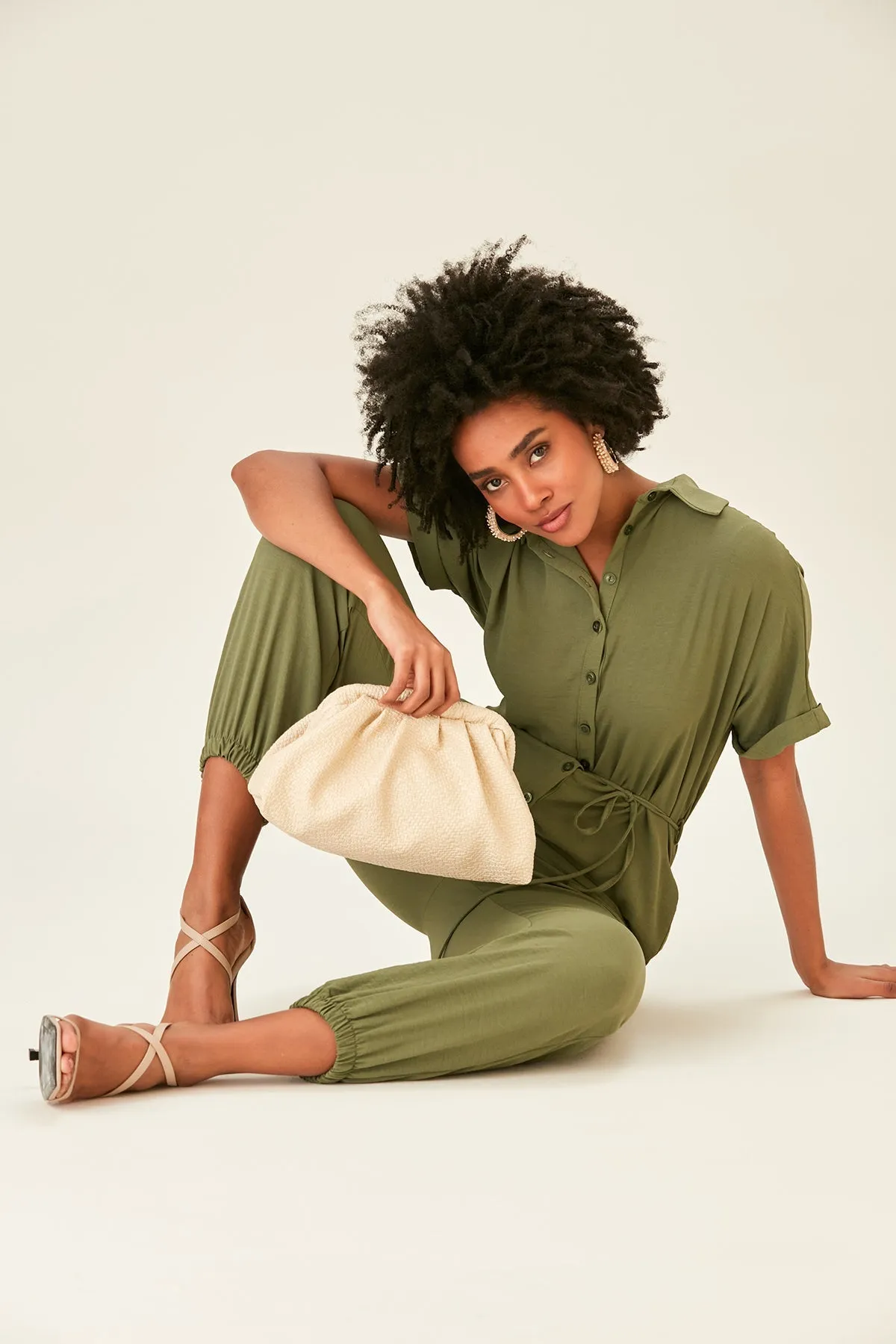 Khaki Belted Shirt Jumpsuit