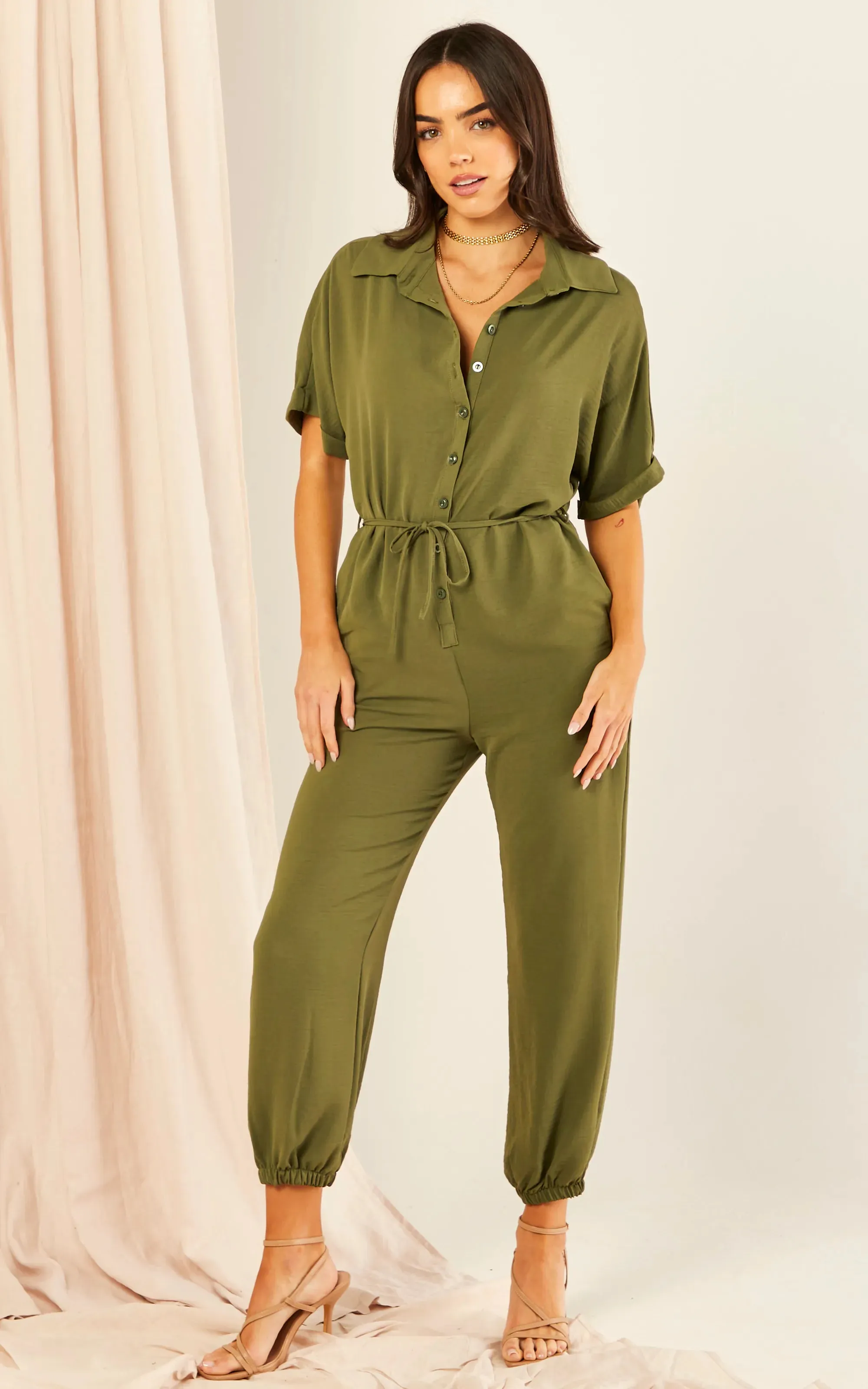 Khaki Belted Shirt Jumpsuit