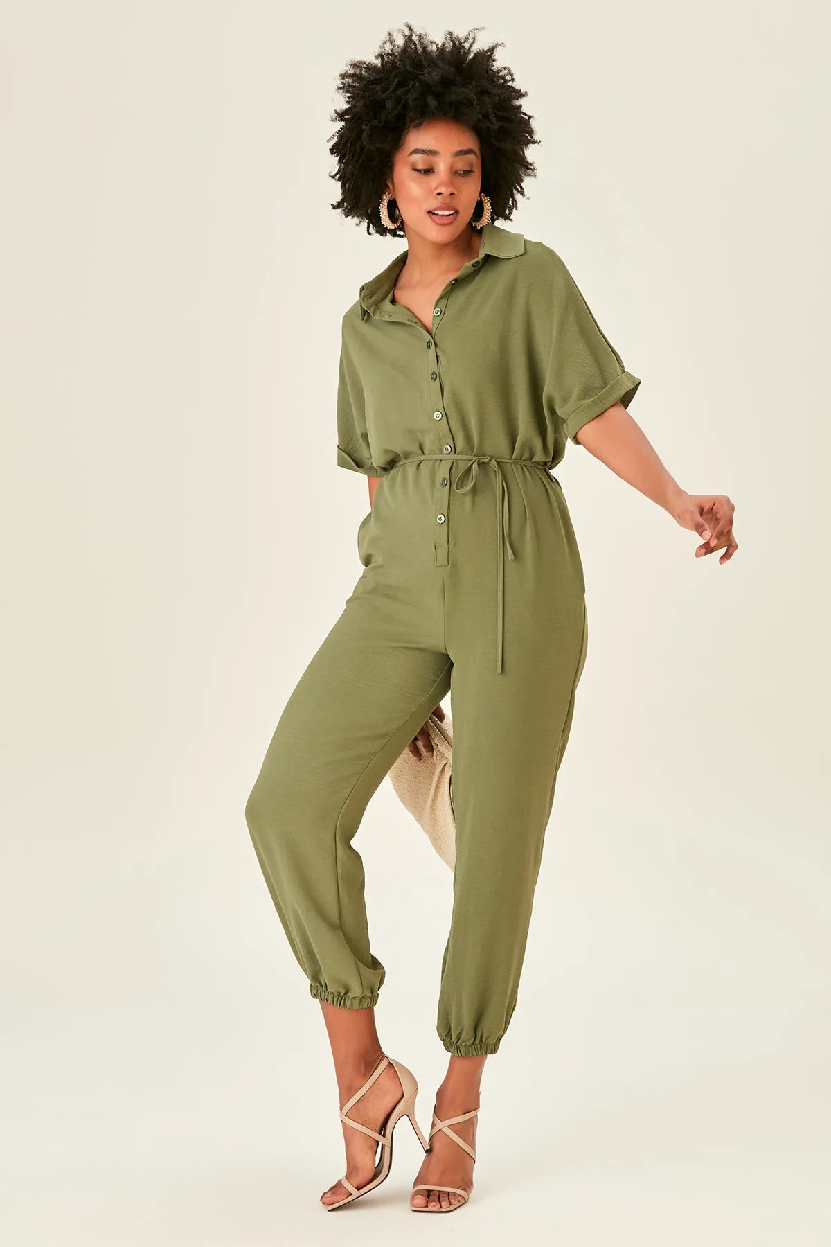 Khaki Belted Shirt Jumpsuit