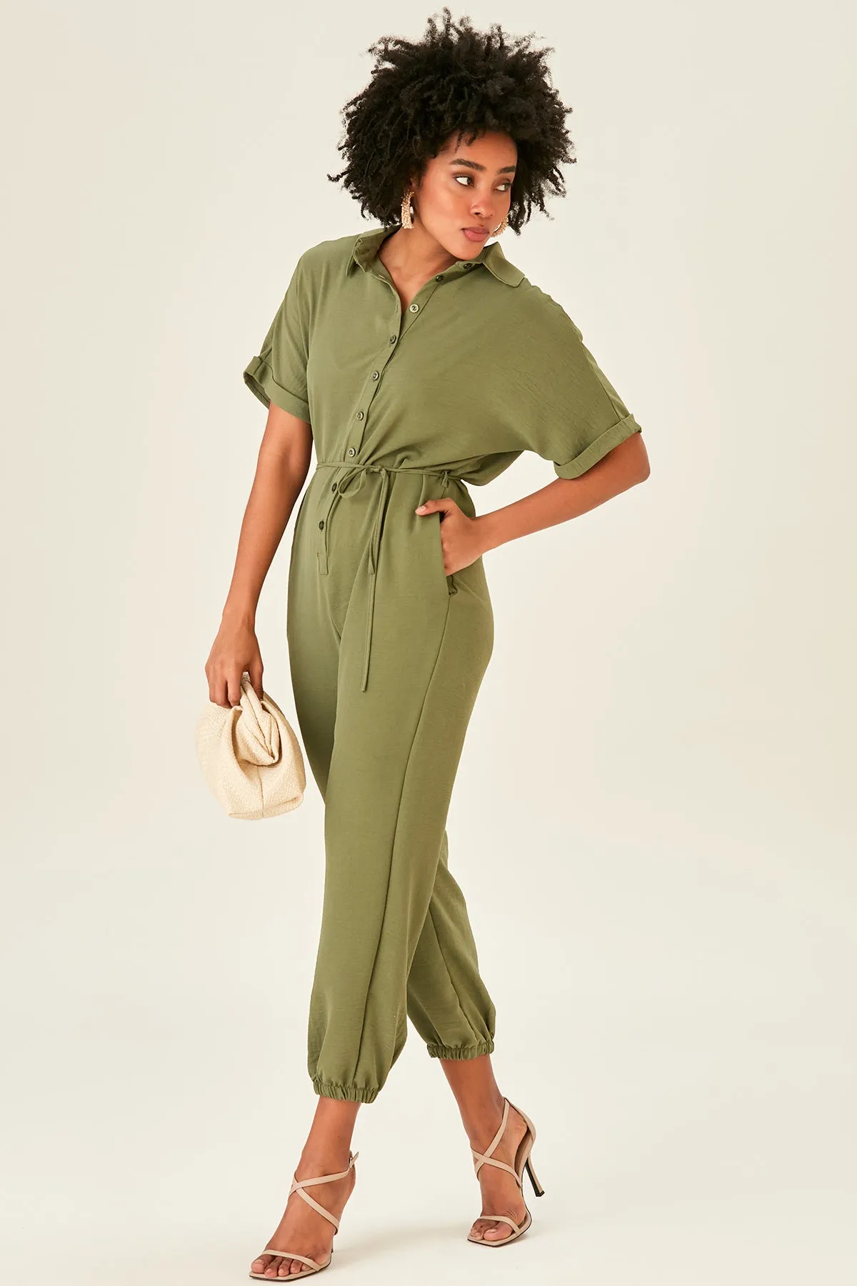 Khaki Belted Shirt Jumpsuit