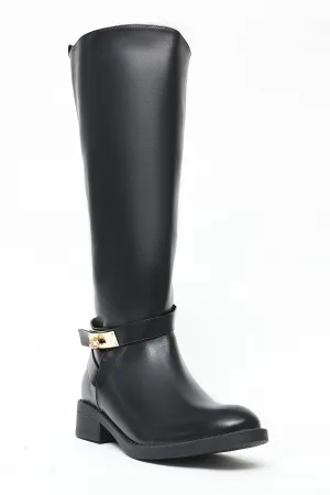 KNEE-HIGH BUCKLE RIDING BOOTS-BLACK