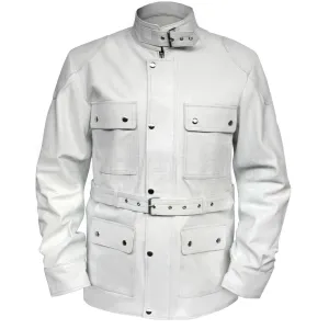 Leather Skin Men Women Unisex White Belted Genuine Leather Bomber Jacket