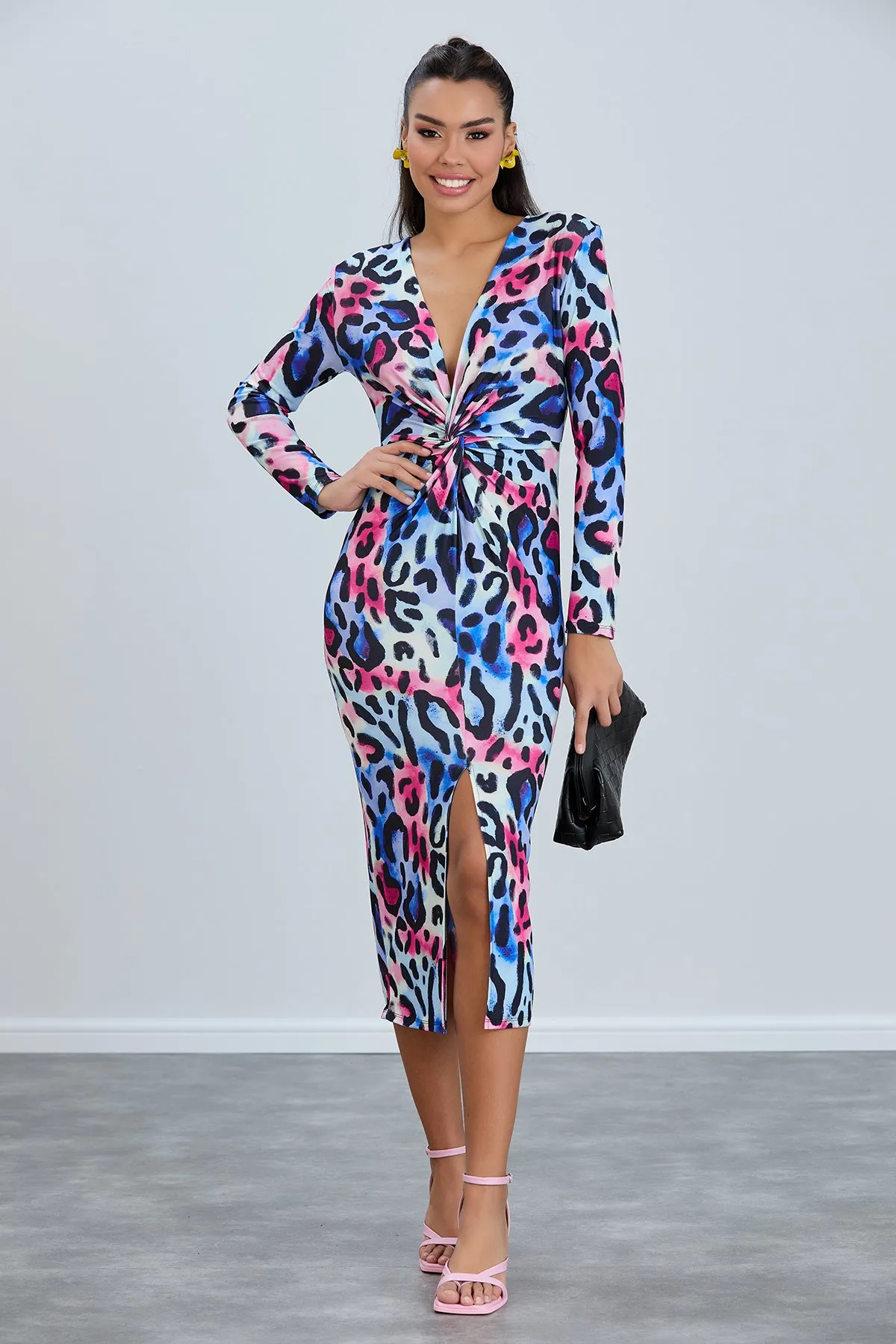 Leopard Print Twist Midi Dress with Long Sleeves