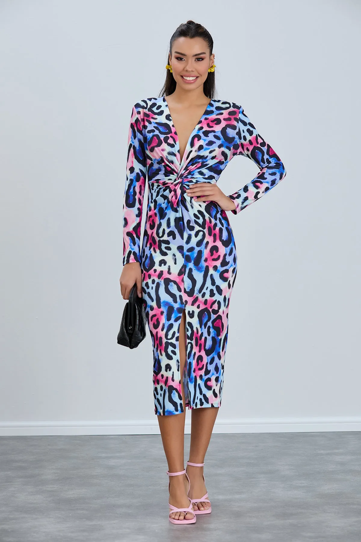 Leopard Print Twist Midi Dress with Long Sleeves