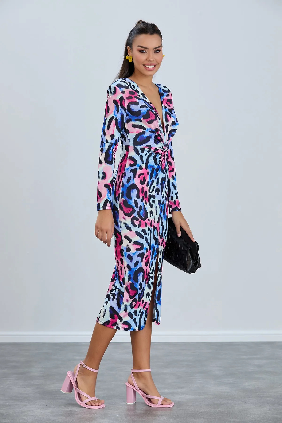 Leopard Print Twist Midi Dress with Long Sleeves