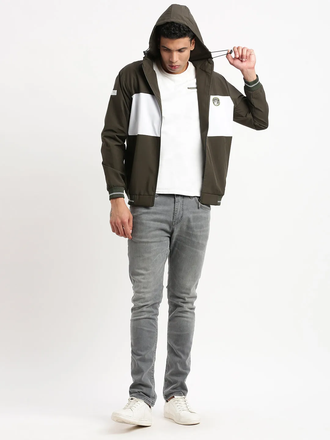 Men Hooded Olive Colourblocked Bomber Jacket