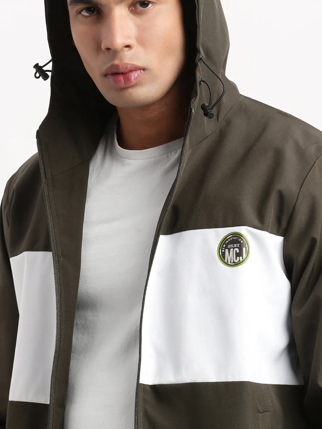 Men Hooded Olive Colourblocked Bomber Jacket