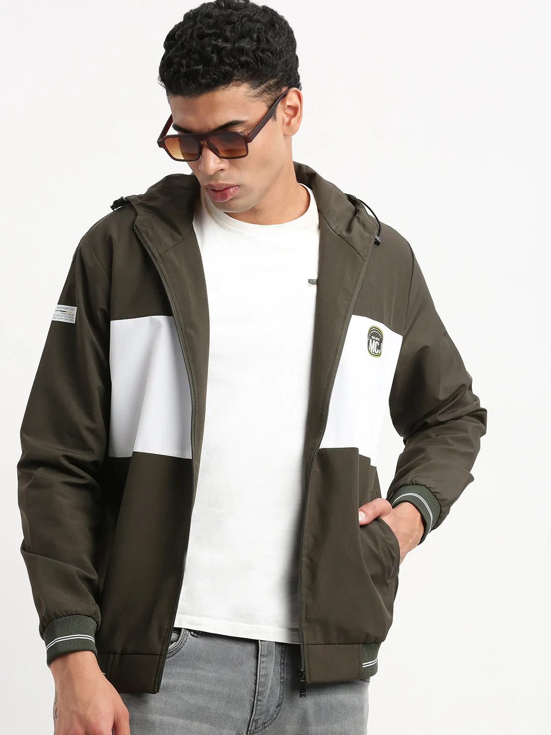 Men Hooded Olive Colourblocked Bomber Jacket