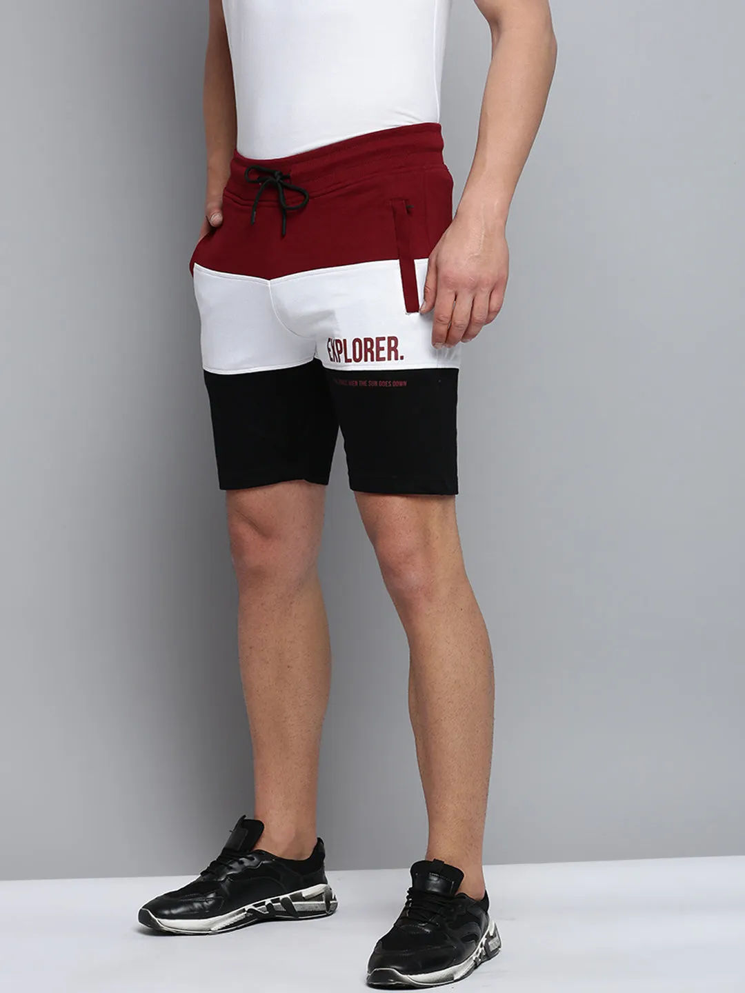 Men Maroon Colourblock Casual Shorts