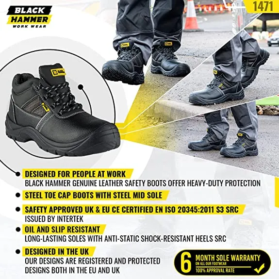 Mens Safety Boots Steel Toe Cap Work Footwear | Black Hammer 1471