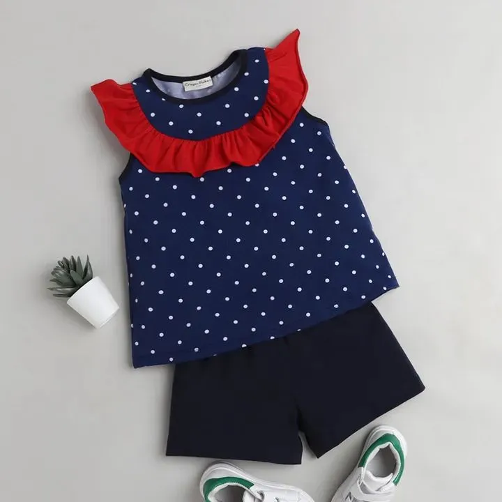 Polka Printed Yoke Frill Set - Blue