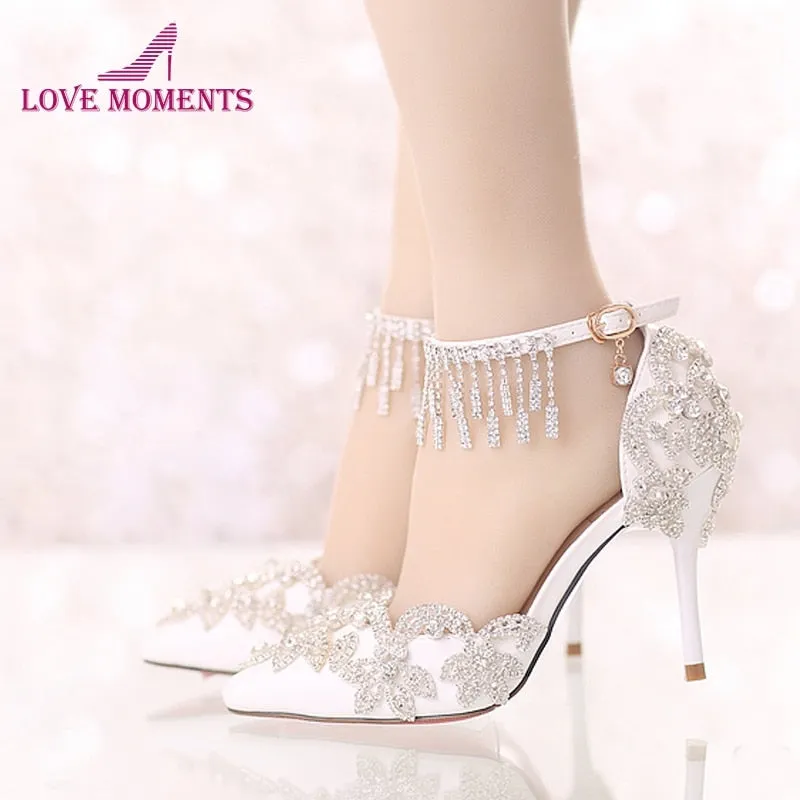 Rhinestone Buckle Straps White Wedding Shoes Pointed Toe 3 Inches Comfortable Bridal Party Dancing Shoes Summer Sandals