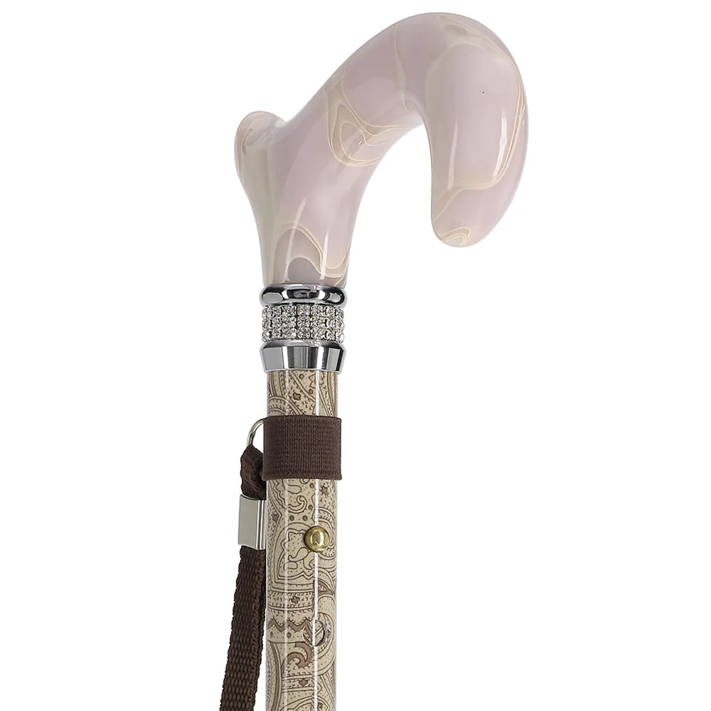 Rhinestone Pearlz Designer Folding Cane: Creme Swirl Handle