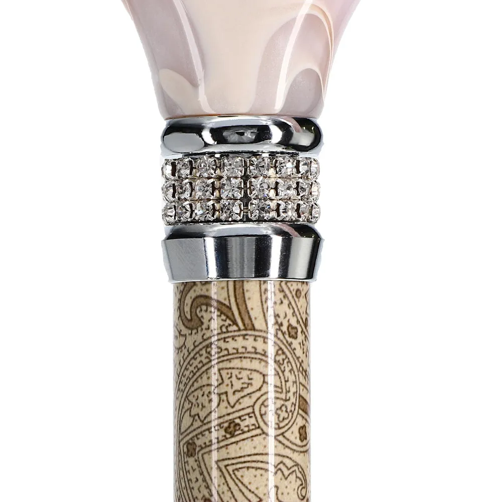 Rhinestone Pearlz Designer Folding Cane: Creme Swirl Handle