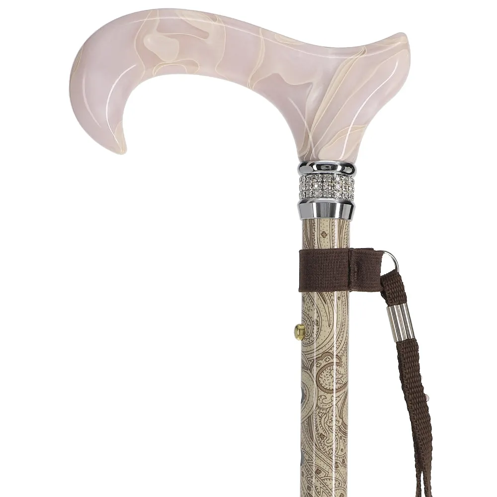 Rhinestone Pearlz Designer Folding Cane: Creme Swirl Handle