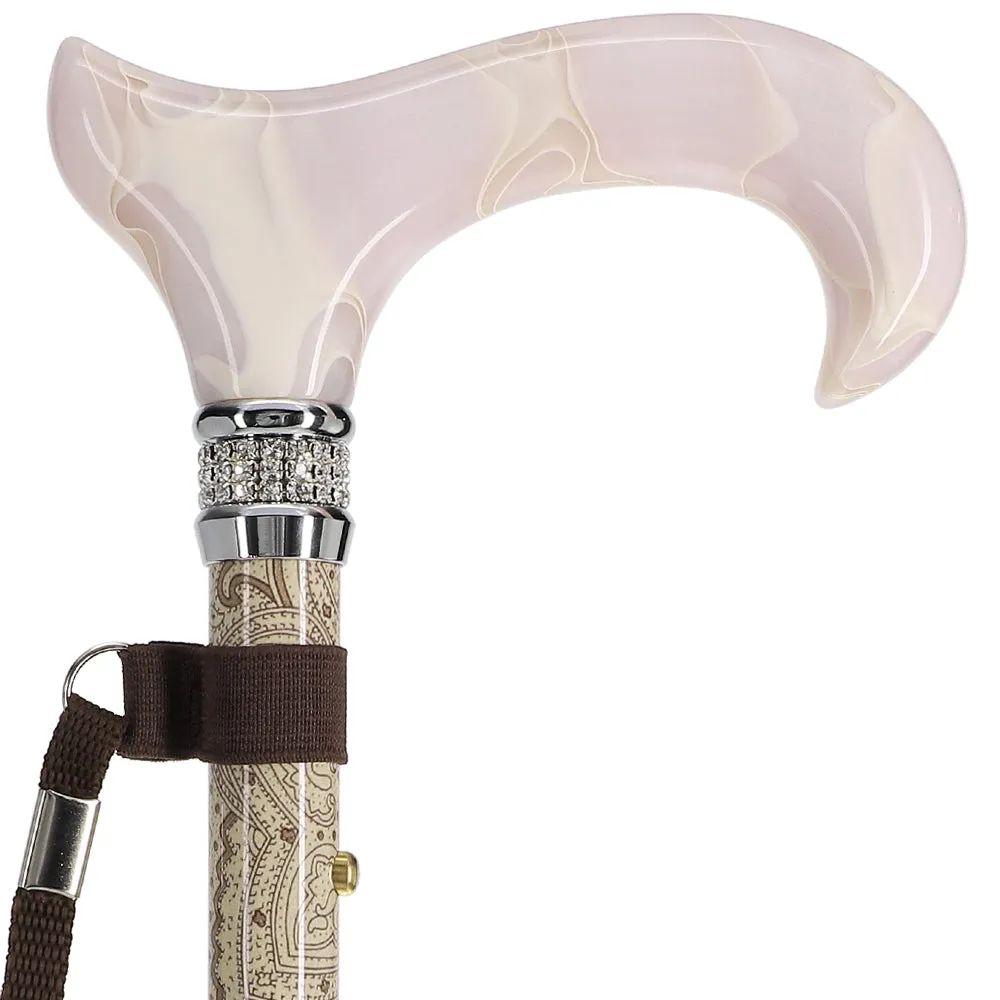 Rhinestone Pearlz Designer Folding Cane: Creme Swirl Handle