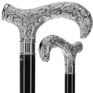 Scratch and Dent Extra Long Super Strong Silver Plated Scroll Derby Walking Cane - Black Beechwood - Silver Collar V2028