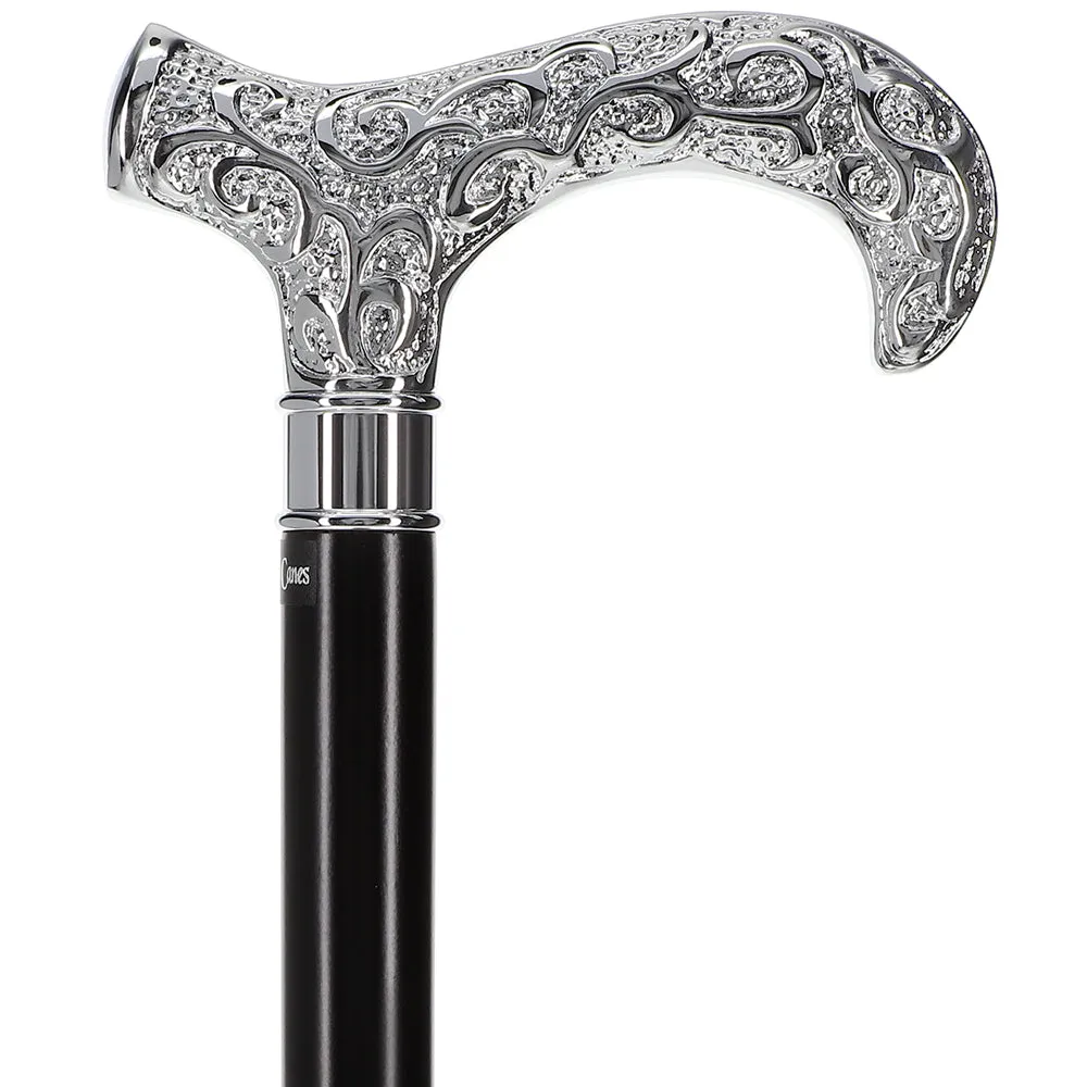 Scratch and Dent Extra Long Super Strong Silver Plated Scroll Derby Walking Cane - Black Beechwood - Silver Collar V2028