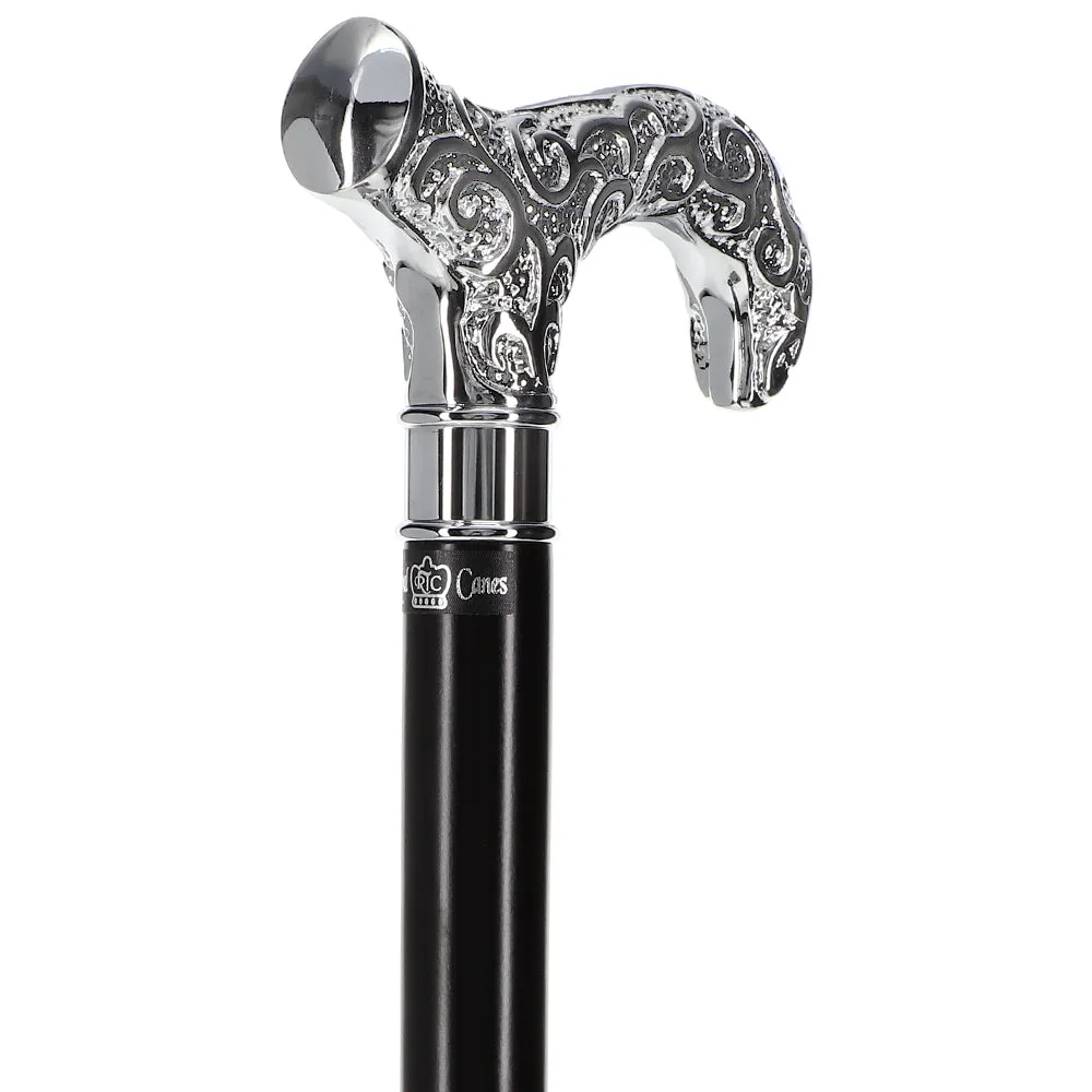 Scratch and Dent Extra Long Super Strong Silver Plated Scroll Derby Walking Cane - Black Beechwood - Silver Collar V2028