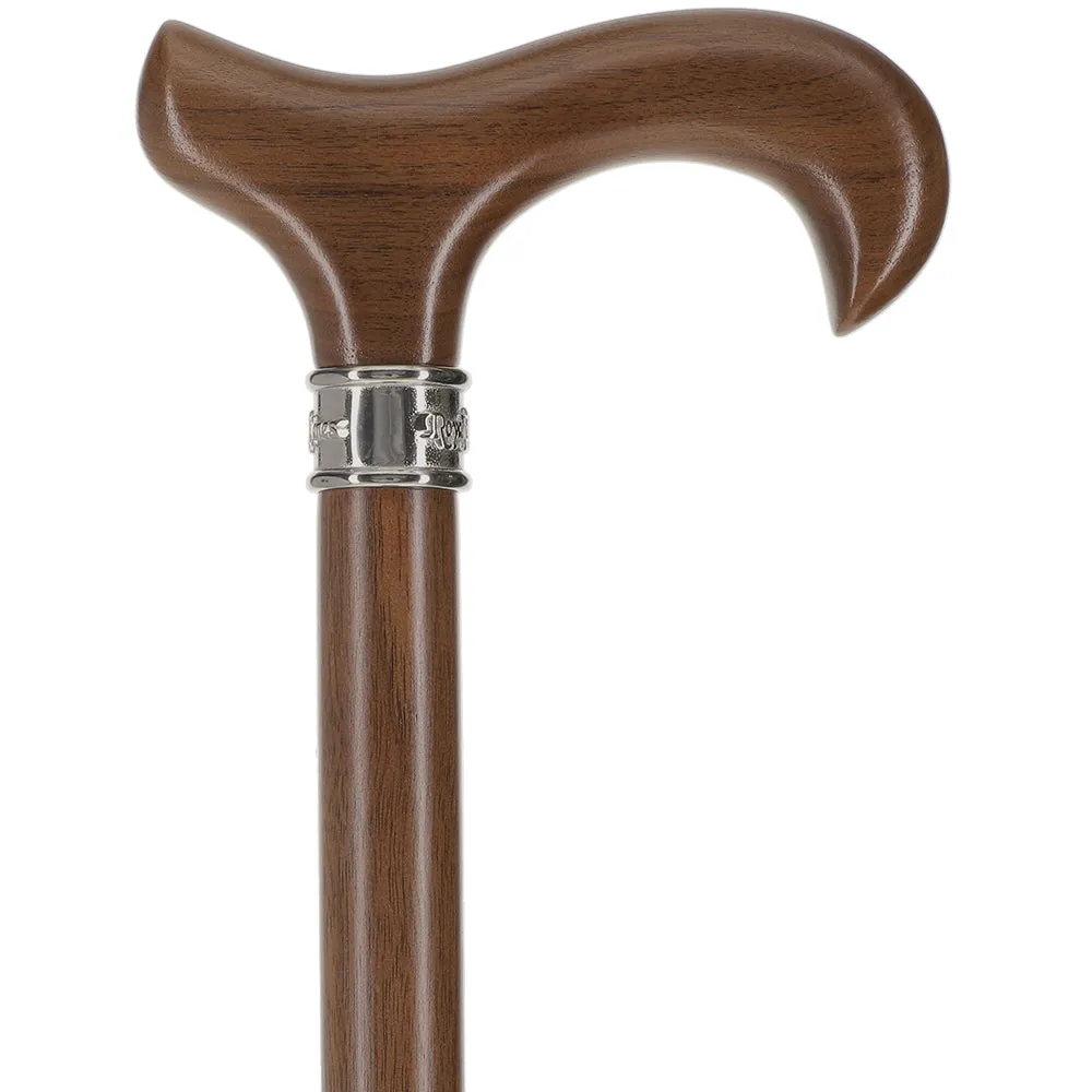 Scratch and Dent Walnut Derby-Handle Walking Cane with Embossed Steel Collar V2298