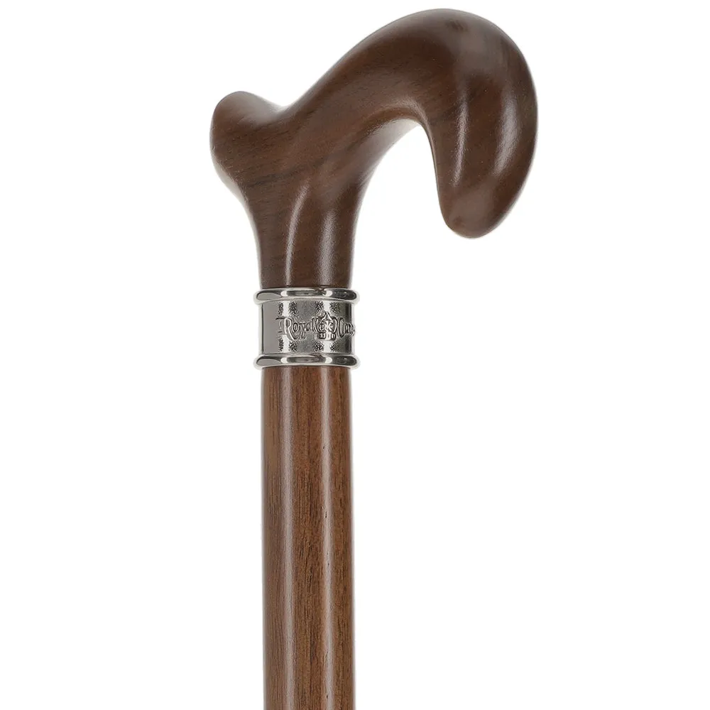 Scratch and Dent Walnut Derby-Handle Walking Cane with Embossed Steel Collar V2298